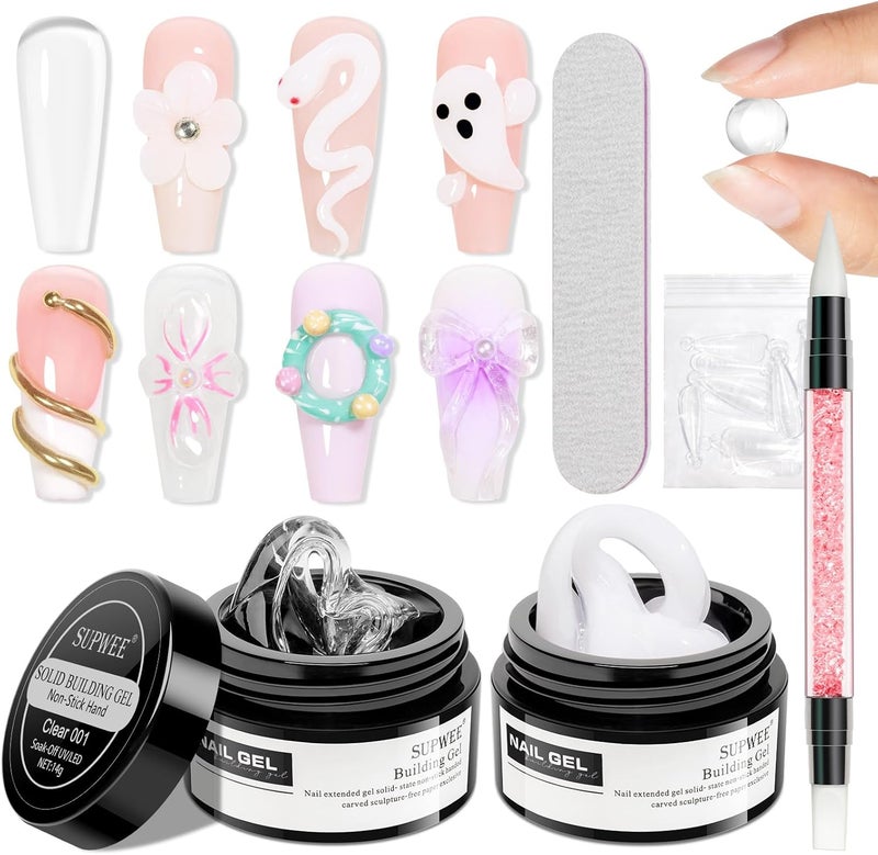 Solid Builder Gel for Nails Kit Clear White 3D Sculpture Gel NonStick Hand Nail Extension Gels for Nails Carving Patterns Decoration Nail Strengthen Nails Art Salon Home