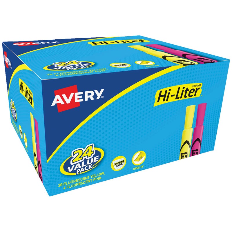 Avery Hi-Liter, Desk Style, Chisel Tip, 24 Pink and Yellow Highlighters (98189) - Image 1