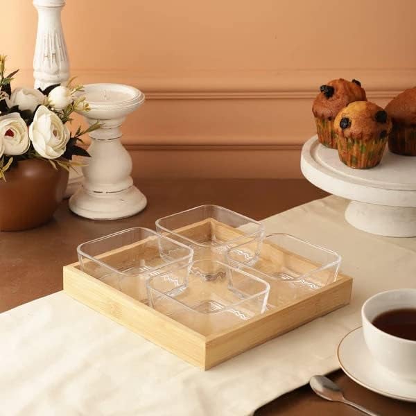 AZLVERA Bowl Serving SetKitchen Glass Dry Fruit Bowl with Wooden Tray for Serving Dry FruitsChocolatesSnacksPickleDessertMukhwas Candy Bowl Perfect for Dining Table Decoration Set of 1 - Image 5
