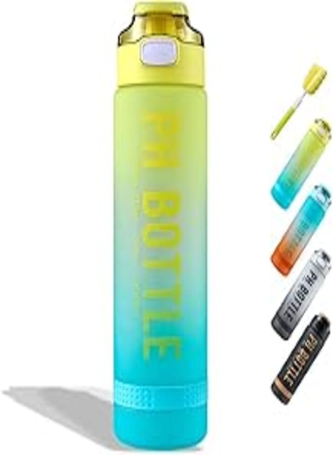 WATMHHJQ Water Bottle 1000 ml, Motivational Sports Water Bottle 1 L, with Time Markers, BPA Free, Shatterproof, Portable Sports Bottle for Bike, Camping (Yellow Blue)