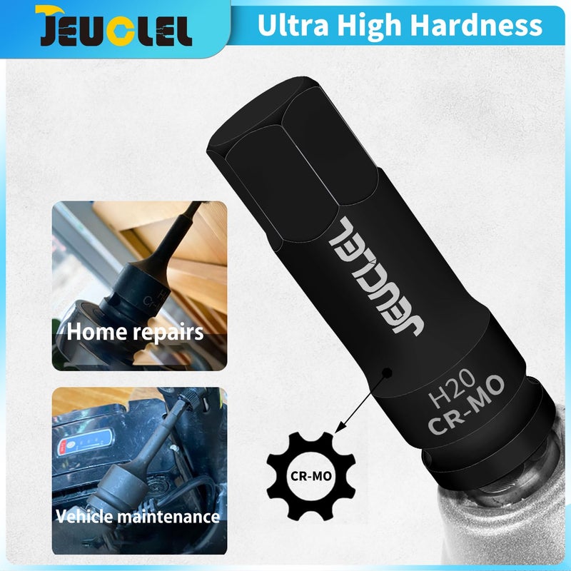 JEUCLEL جيوكل 20 مم رأس مفك براغي سداسي، H20 مقاس 1/2 بوصة رأس تأثير ألين، محول مفك براغي سداسي من فولاذ Cr-Mo لطول إضافي لمفاتيح ربط كهربائية لتثبيت البراغي - Image 5