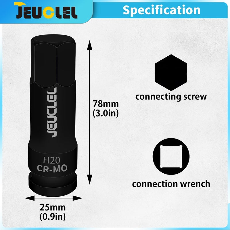 JEUCLEL جيوكل 20 مم رأس مفك براغي سداسي، H20 مقاس 1/2 بوصة رأس تأثير ألين، محول مفك براغي سداسي من فولاذ Cr-Mo لطول إضافي لمفاتيح ربط كهربائية لتثبيت البراغي - Image 2