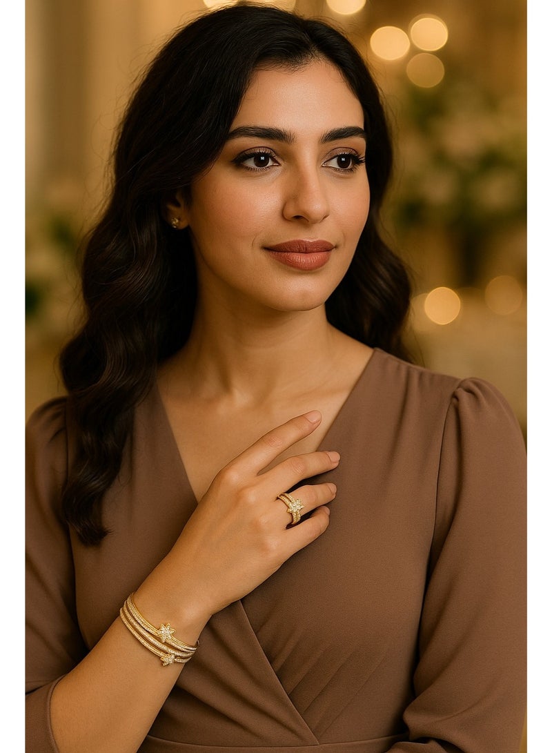 ياميكر طقم سوار كف وخاتم نسائي مطلي بالذهب من YAMEKER.AE | مجوهرات قابلة للتعديل بتصميم عنقود نجوم مرصّع بحجر الزركون CZ | طقم سوار وخاتم أنيق للحفلات | هدية موضة للزفاف والخطوبة ورمضان والعيد - Image 4