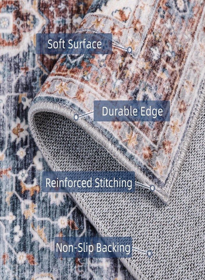 Deerly 5 x 7 Rug Washable Rugs 5x7 Rug, Non Slip Large Rug for Living Room Bedroom Dining Room, Low-Pile Kid & Pet Friendly Distressed Carpet Print Floor Rug(Border Brown/Navy Blue) - Image 4