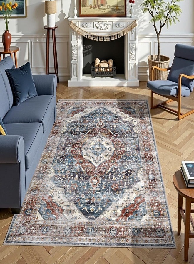 Deerly 5 x 7 Rug Washable Rugs 5x7 Rug, Non Slip Large Rug for Living Room Bedroom Dining Room, Low-Pile Kid & Pet Friendly Distressed Carpet Print Floor Rug(Border Brown/Navy Blue) - Image 1