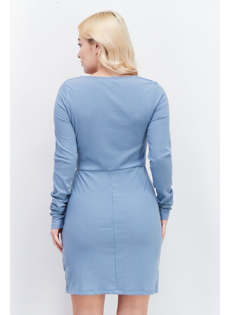 Lost + Wander - Women Solid Casual Mini Dress, Dusty Blue - Image 1