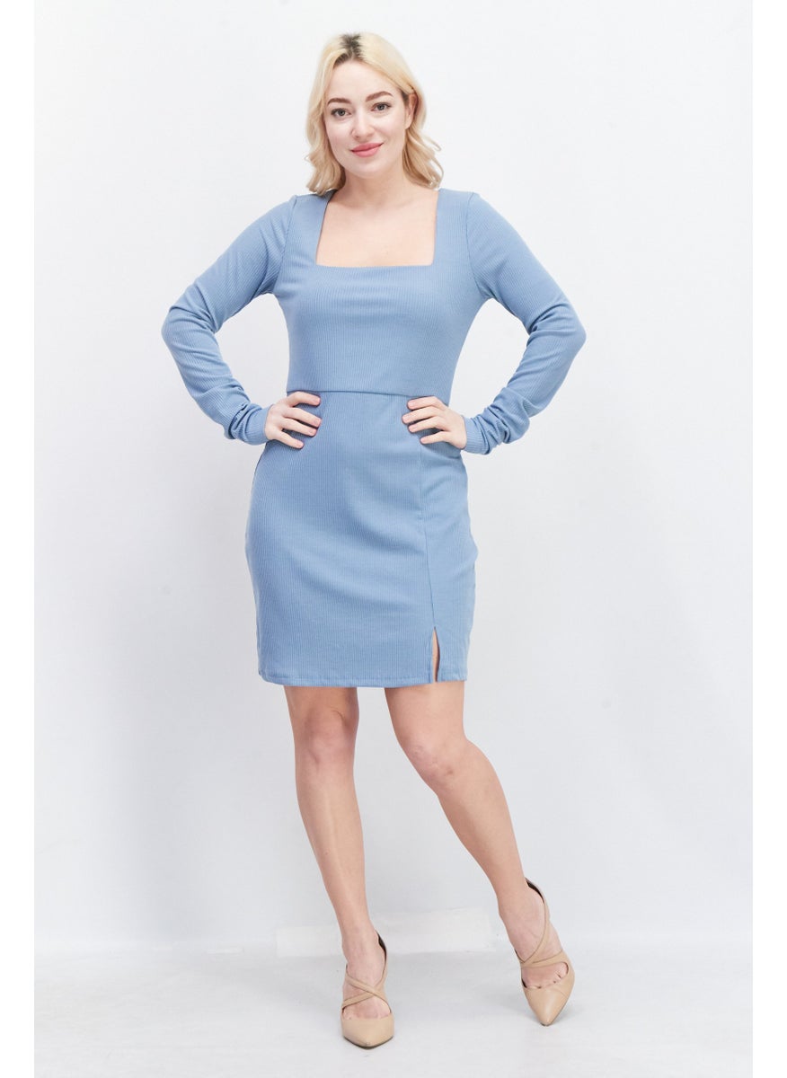 Lost + Wander - Women Solid Casual Mini Dress, Dusty Blue - Image 1