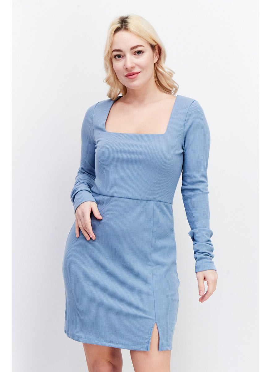 Lost + Wander - Women Solid Casual Mini Dress, Dusty Blue - Image 1