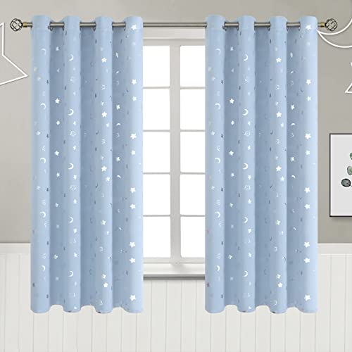 BGment Nursery Curtains for Boys Bedroom, Star and Moon Blackout Curtains for Kids Room, Girls Thermal Insulated Room Darkening Window Curtains Drapes with Grommet 63 Inch Long, Spa Blue, 52 Wide - Image 1