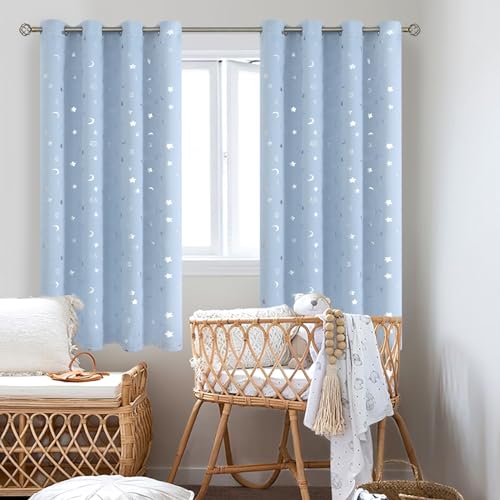 BGment Nursery Curtains for Boys Bedroom, Star and Moon Blackout Curtains for Kids Room, Girls Thermal Insulated Room Darkening Window Curtains Drapes with Grommet 63 Inch Long, Spa Blue, 52 Wide - Image 2