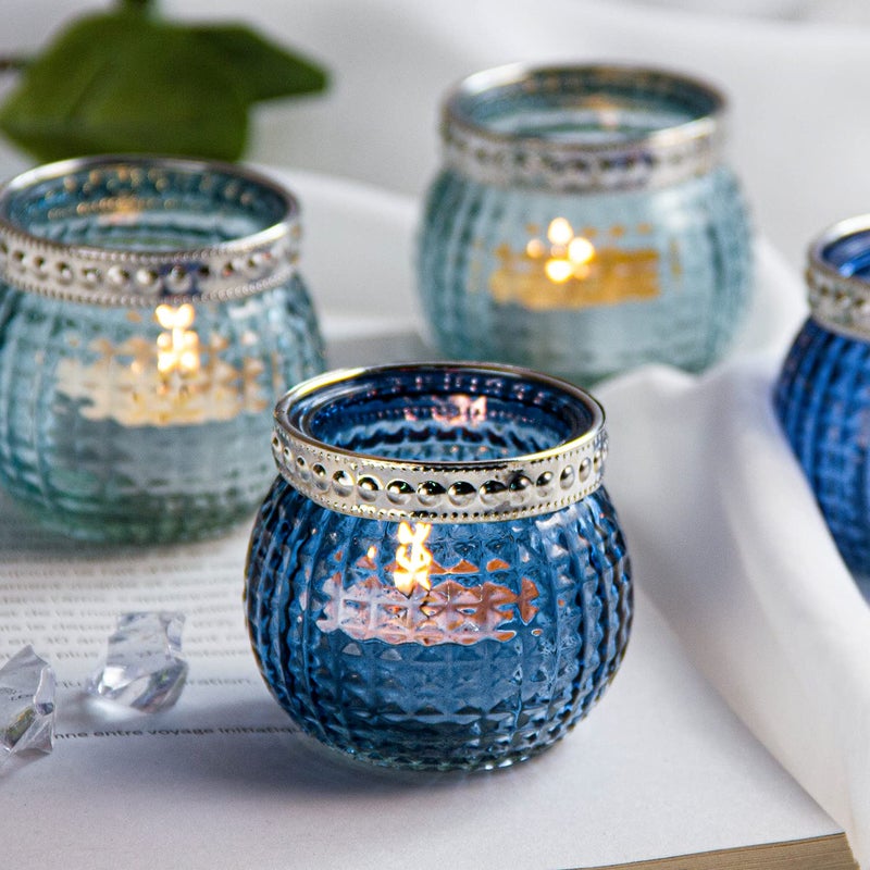 Small Glass Votives Set of 12 23 Tealight Candle Holders in Bulk Vintage Boho Glass Candle Holders for Table Centerpiece Wedding Home Decor and Holiday Decor Ocean Blue