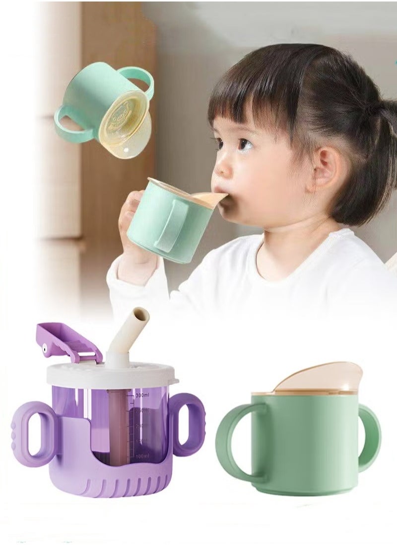 MIXDE 2PCS Baby Sippy Cup with Straw, Silicone Straw Cup + Trainer Cup with Deflector Cap for Boys Girls Child Drinking Water, Spill Proof Sippy Cups with Double Handles for Easy Grip, 150ml+300ml  - Image 1