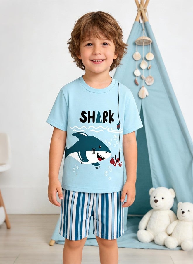 Latnnut Toddler Clothes for Boys 3t Crew Neck T-shirt+Striped Shorts With Pockets Outfits Cotton Shark Clothing Set Summer Vacation - Image 5