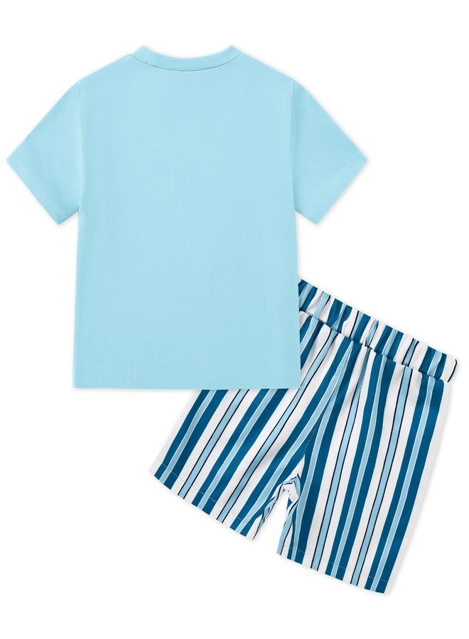 Latnnut Toddler Clothes for Boys 3t Crew Neck T-shirt+Striped Shorts With Pockets Outfits Cotton Shark Clothing Set Summer Vacation - Image 2