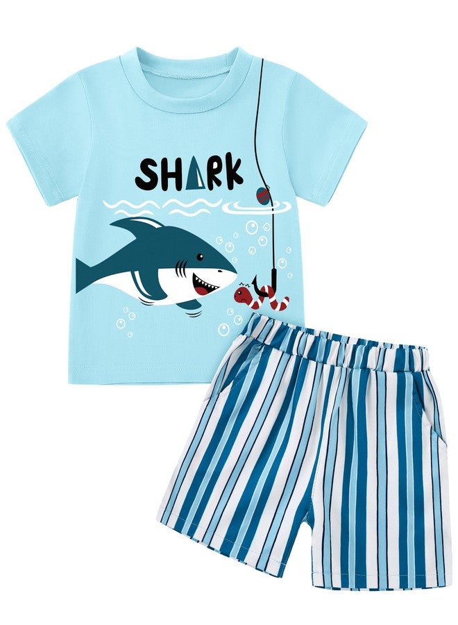 Latnnut Toddler Clothes for Boys 3t Crew Neck T-shirt+Striped Shorts With Pockets Outfits Cotton Shark Clothing Set Summer Vacation - Image 1