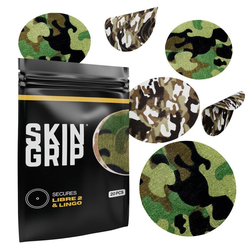Skin Grip Freestyle Libre 2 Sensor Covers & Lingo CGM â€“ Waterproof and Sweatproof Adhesive for 10-15 Days, Pre-Cut Medical Tape, Continuous Glucose Monitor Patch â€“ 20 Pack, Camo - Image 1
