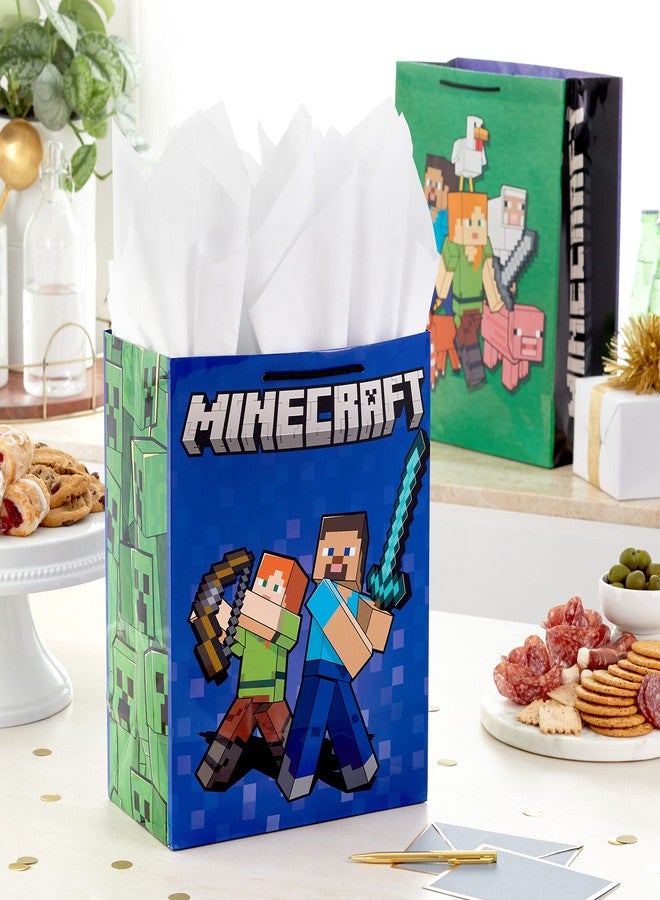 Hallmark Minecraft Gift Bag Bundle (2 Bags: 13" Large Blue Bag, 15" Extra Large Green) for Birthdays, Christmas, Valentine's Day, Halloween, Kids Parties - Image 2
