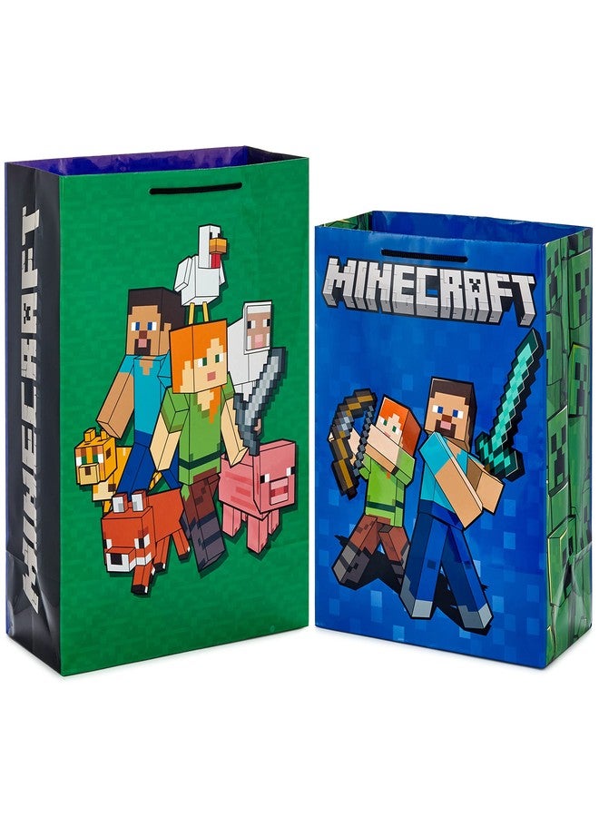 Hallmark Minecraft Gift Bag Bundle (2 Bags: 13" Large Blue Bag, 15" Extra Large Green) for Birthdays, Christmas, Valentine's Day, Halloween, Kids Parties - Image 1