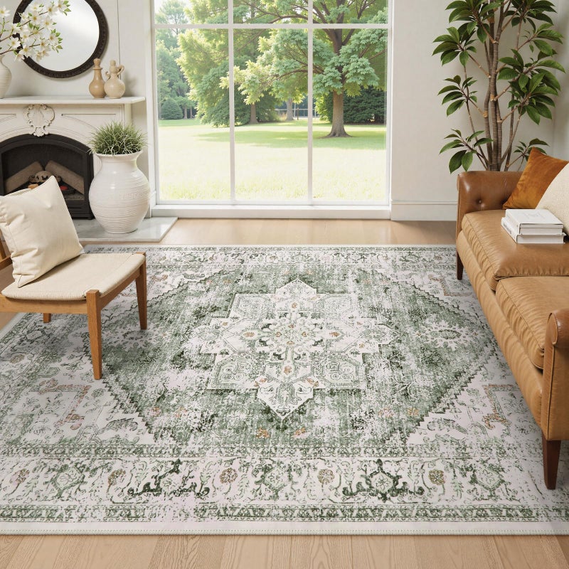 LIVEBOX Washable Area Rug 8x10 - Large Vintage Tribal Living Room Rug Oriental Rugs for Bedroom, Non-Slip Retro Medallion Carpet Print Distressed Rugs for Dining Room Home Office Sage - Image 2