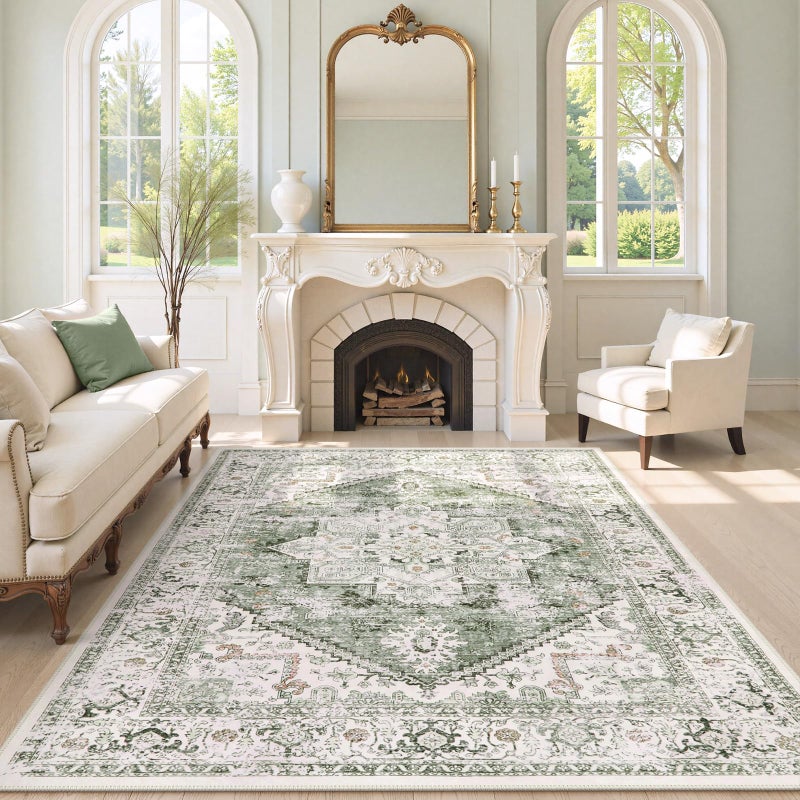 LIVEBOX Washable Area Rug 8x10 - Large Vintage Tribal Living Room Rug Oriental Rugs for Bedroom, Non-Slip Retro Medallion Carpet Print Distressed Rugs for Dining Room Home Office Sage - Image 1