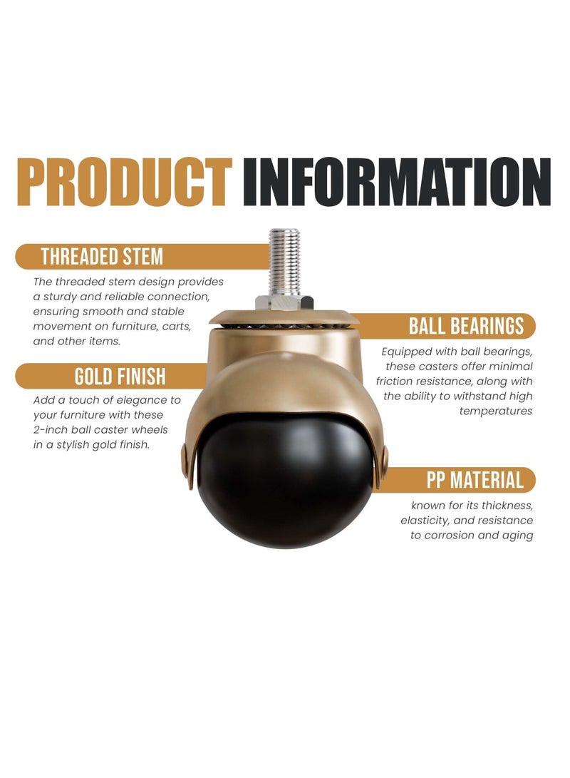 مجموعة من 4 عجلات كروية ذهبية اللون مقاس 2 بوصة مع ساق ملولبة للأثاث، توفر دورانًا بزاوية 360 درجة - Image 3