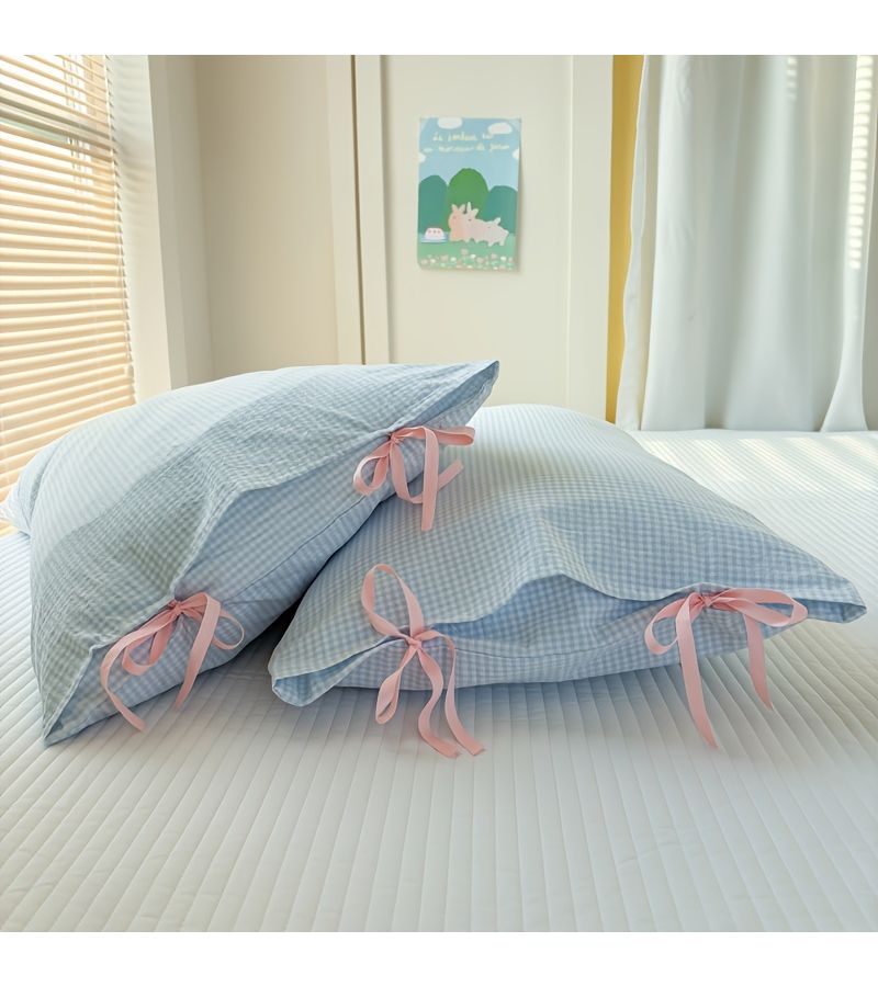 Rose Pink Bow Cotton Pillowcases 18.9x29.13 Inch Set Skin Friendly Breathable Machine Washable for Bedroom - Image 2