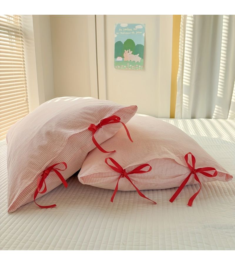 Rose Pink Bow Cotton Pillowcases 18.9x29.13 Inch Set Skin Friendly Breathable Machine Washable for Bedroom - Image 3