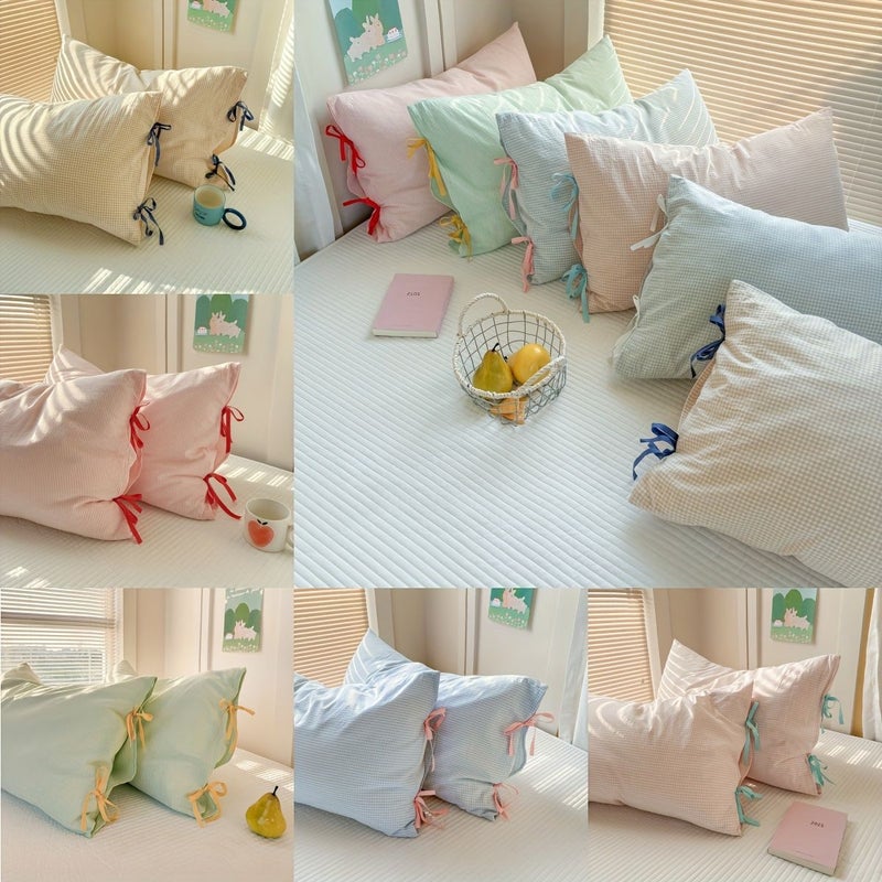 Rose Pink Bow Cotton Pillowcases 18.9x29.13 Inch Set Skin Friendly Breathable Machine Washable for Bedroom - Image 1