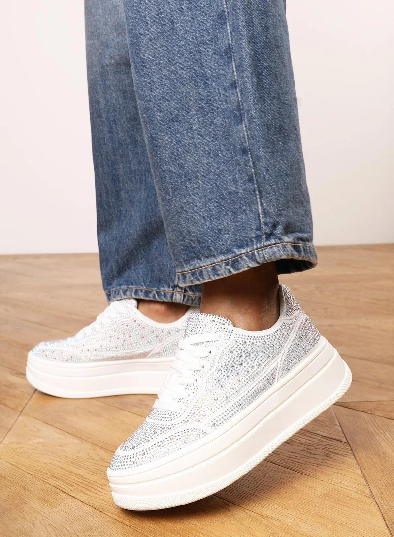 Where's That From 'Darcia' Wedge Lace Up trainer with diamante Detail