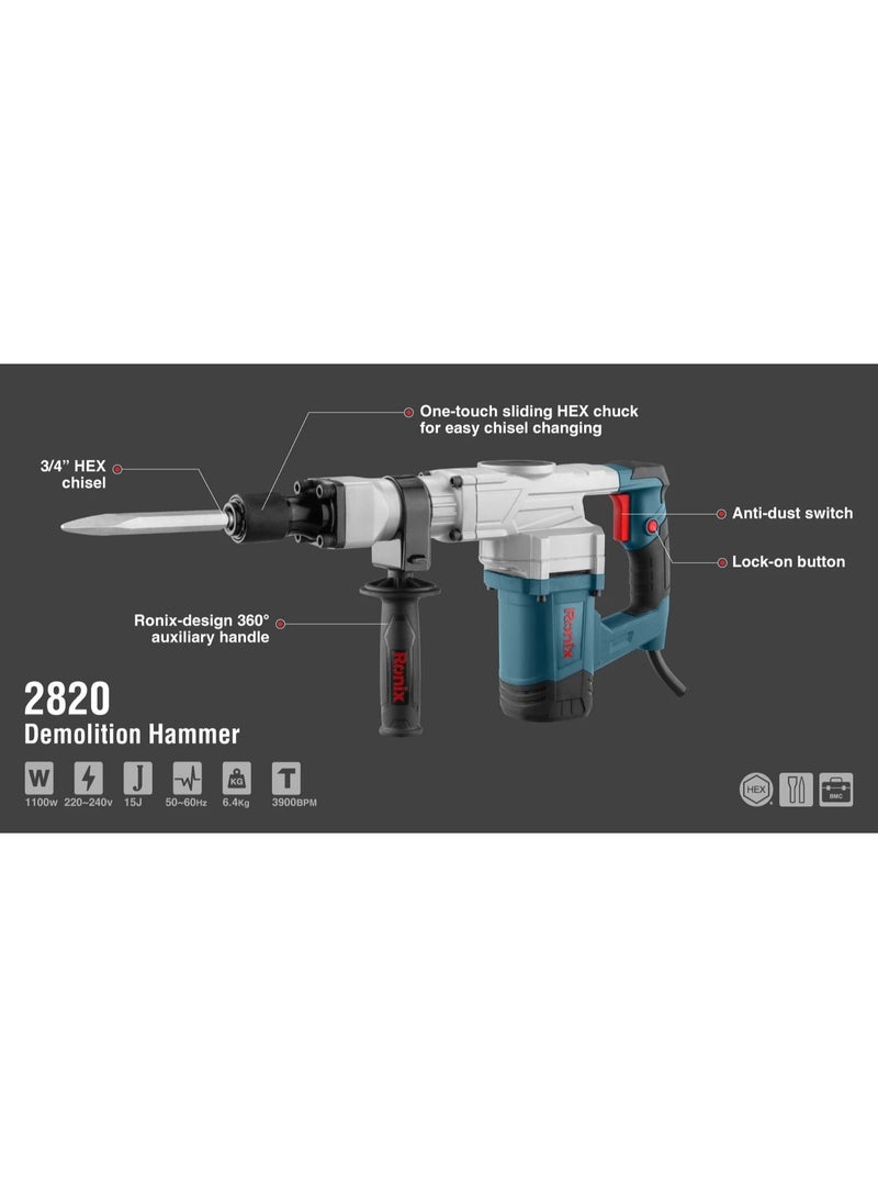 RONIX Demolition Hammer 1100W, 6.4kg Lightweight Breaker with 15J Impact Energy, 3900 BPM, Hex Chuck, Includes 2 Chisels & BMC Case, German Technology #2820 - Image 4