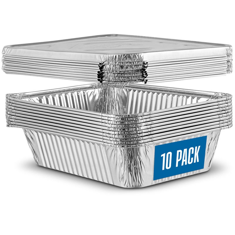 PLASTICPRO 10 Pack Aluminum Pans 65 x 9 Disposable Pans with Covers Heavy Duty 225 lb Foil Pans for Baking and Cooking