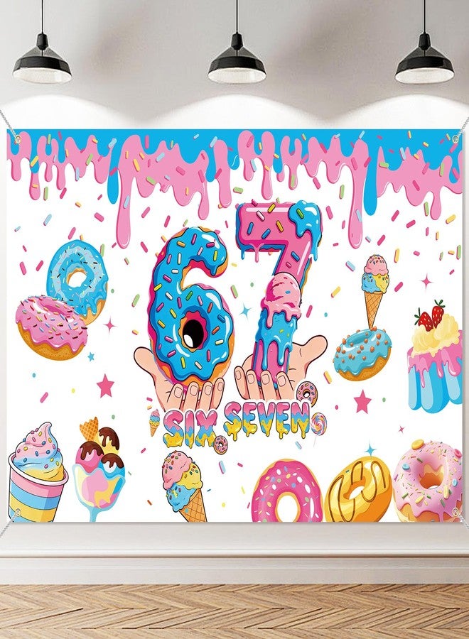 Urlax 6 7 Birthday Decorations Funny 6 7 Meme Donut Theme Happy Birthday Backdrop Blue and Pink Six Seven Party Photo Booth Background for Birthday Party Photography 6 x 3.6 ft - Image 1
