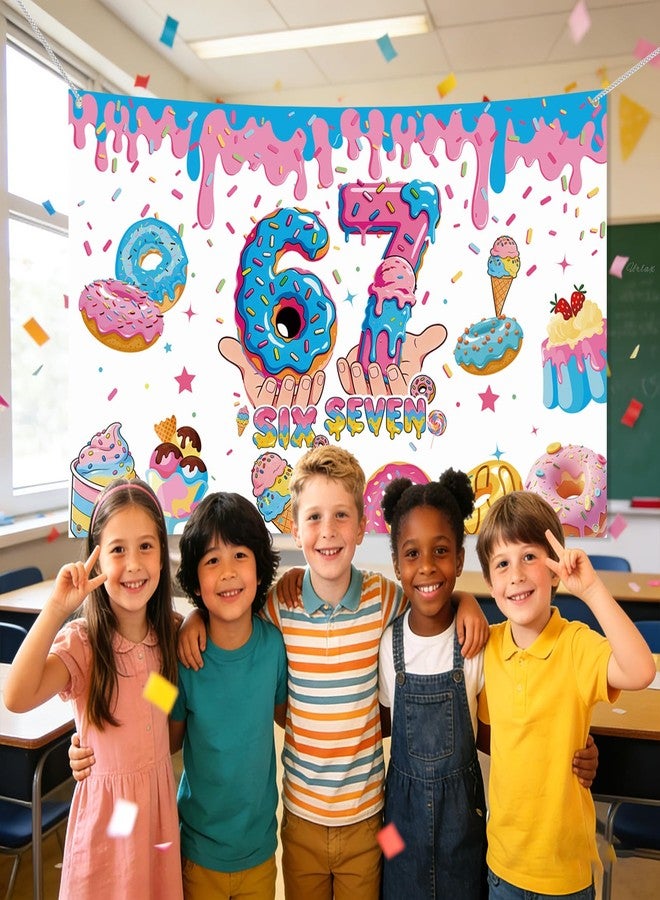 Urlax 6 7 Birthday Decorations Funny 6 7 Meme Donut Theme Happy Birthday Backdrop Blue and Pink Six Seven Party Photo Booth Background for Birthday Party Photography 6 x 3.6 ft - Image 5