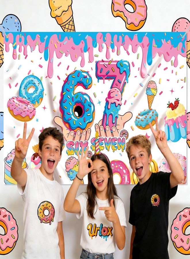 Urlax 6 7 Birthday Decorations Funny 6 7 Meme Donut Theme Happy Birthday Backdrop Blue and Pink Six Seven Party Photo Booth Background for Birthday Party Photography 6 x 3.6 ft - Image 3