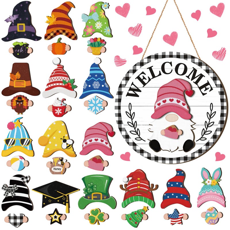 Qunclay Interchangeable Black and White Checkered Border Wooden Gnome Hanging Decor Seasonal Decorative with Magnet Swappable Pieces Detachable Hat and Hand Farmhouse Home Sign for Xmas Birthday Party - Image 1