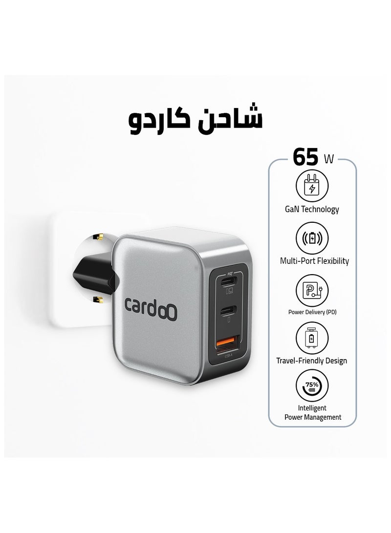 cardoO GaN Charger 65W – Dual USB-C & USB-A Fast Wall Charger – Powerful GaN Laptop Adapter – Multi-Device Charging – Compact & Travel-Friendly – For Phones, Tablets & Laptops – Black - Image 2