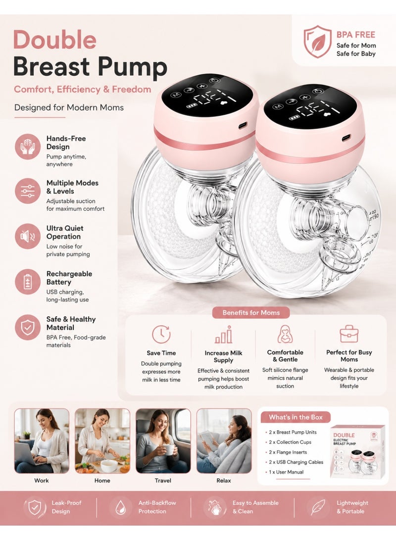 TNM Portable Double Electric Breast Pump – Hands Free Wearable Milk Extractor with USB Rechargeable Smart Touch Display, Silent & BPA Free - Image 2
