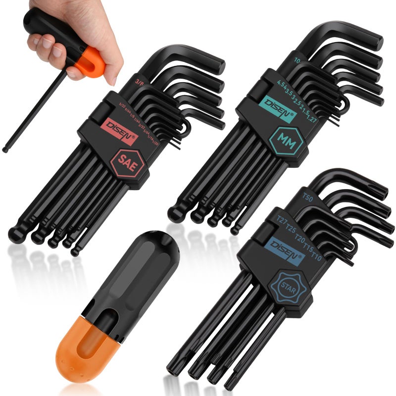 DISEN 36PC Allen Wrench Set SAE Metric Hex Key Set Torx Star Key Set Long Arm Ball Head Design with THandle Heat Treated Chrome Vanadium Steel