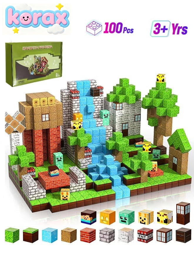KORAX Magnetic Building Blocks - Construct the Primeval Forest Magnetic Toys for Children Ages 3-4 / 4-5 / 6-8 STEM Montessori Sensory Toys for Toddlers 3+ 100-Piece 0.8-Inch Cube Stress Relief Toys - Image 1