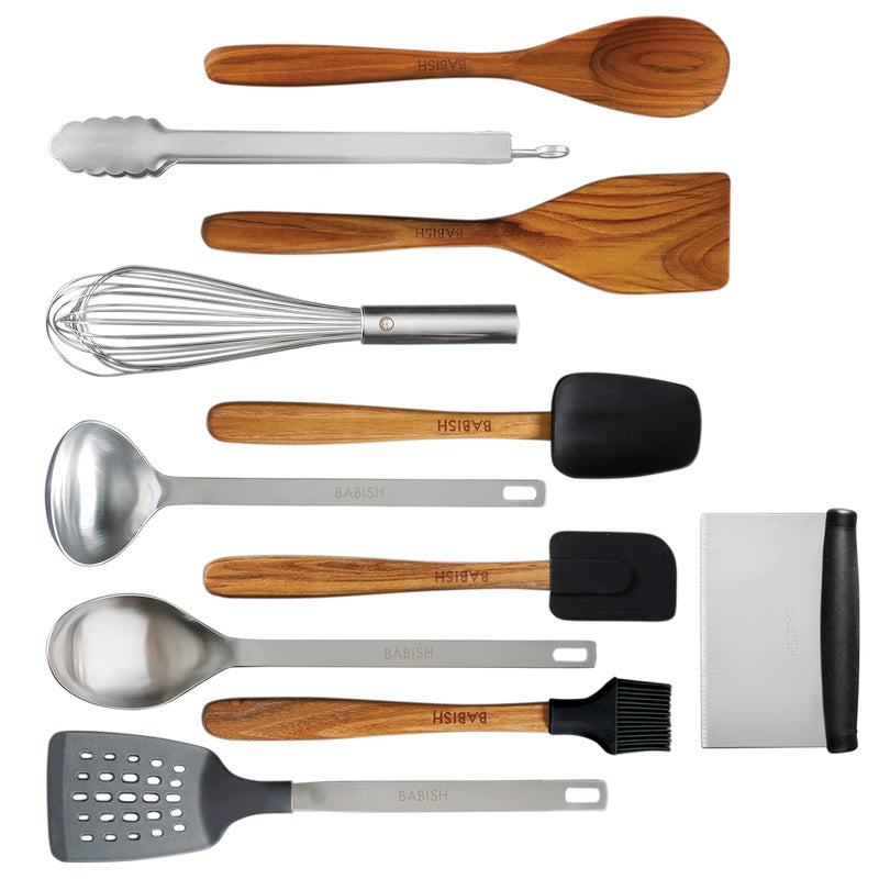 Babish Babish 11 Piece Essential Teak Wood Silicone and Stainless Steel Tool Set 