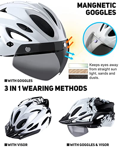 TADPOLE Bike Helmet with USB Rechargeable LED Light Detachable Goggles and Sun Visor Mountain Road Bicycle Helmets for Men Women Adult Cycling Helmets BlackWhite - Image 3