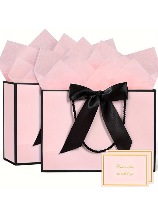 مجموعة من 20 كيسًا ورقيًا قابلًا لإعادة الاستخدام - 5 أكياس بشريط فيونكة + 5 بطاقات تهنئة + 10 أكياس مناديل ورقية، حقائب هدايا/شكر أنيقة لحفلات الزفاف وحفلات توديع العزوبية وأعياد الميلاد - Image 1