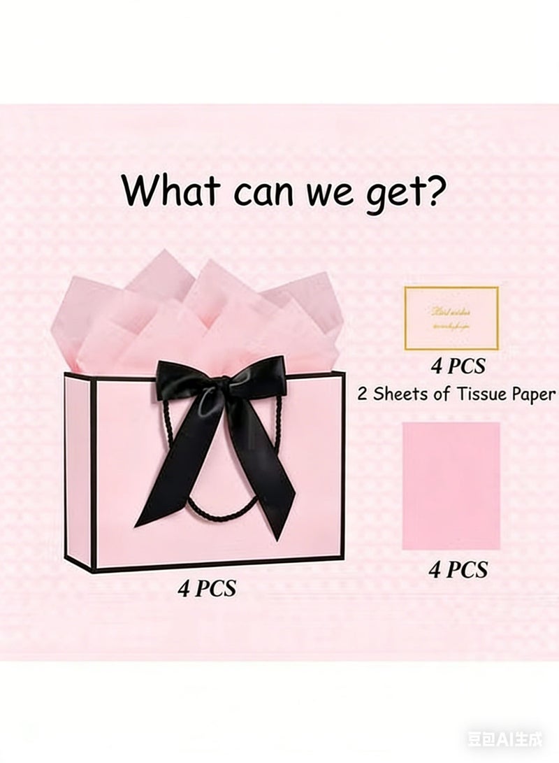 12pcs Reusable Paper Gift Bag Set - 4 Bow Ribbon Bags + 4 Greeting Cards + 4 Tissue Paper, Elegant Party Favor/Thank You Bags for Weddings Bridal Showers Birthdays - Image 4