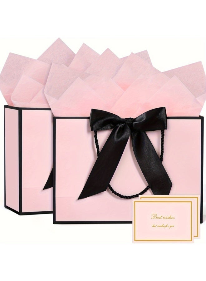 12pcs Reusable Paper Gift Bag Set - 4 Bow Ribbon Bags + 4 Greeting Cards + 4 Tissue Paper, Elegant Party Favor/Thank You Bags for Weddings Bridal Showers Birthdays - Image 1