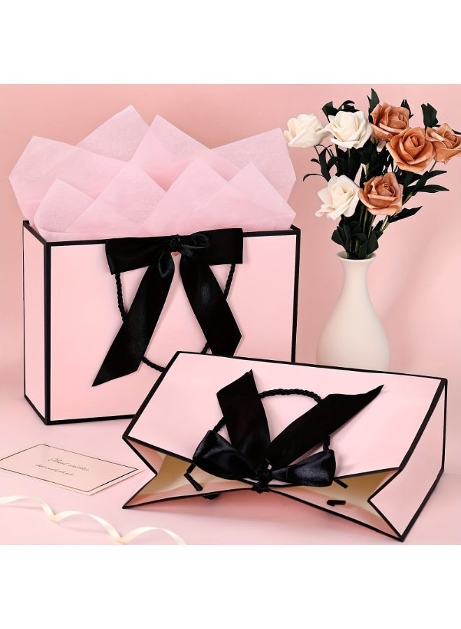 12pcs Reusable Paper Gift Bag Set - 4 Bow Ribbon Bags + 4 Greeting Cards + 4 Tissue Paper, Elegant Party Favor/Thank You Bags for Weddings Bridal Showers Birthdays - Image 2