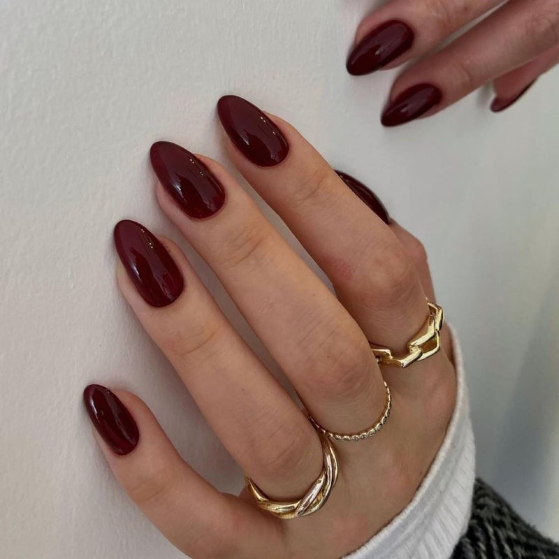 XCREANDO Burgundy Wine Red Press on Nails Short Almond Fake Nails Press ons, Solid Color Glue on Nails Short False Nails, Medium Almond Nails Round Glue on Nails for Women, 24 Pcs - Image 1