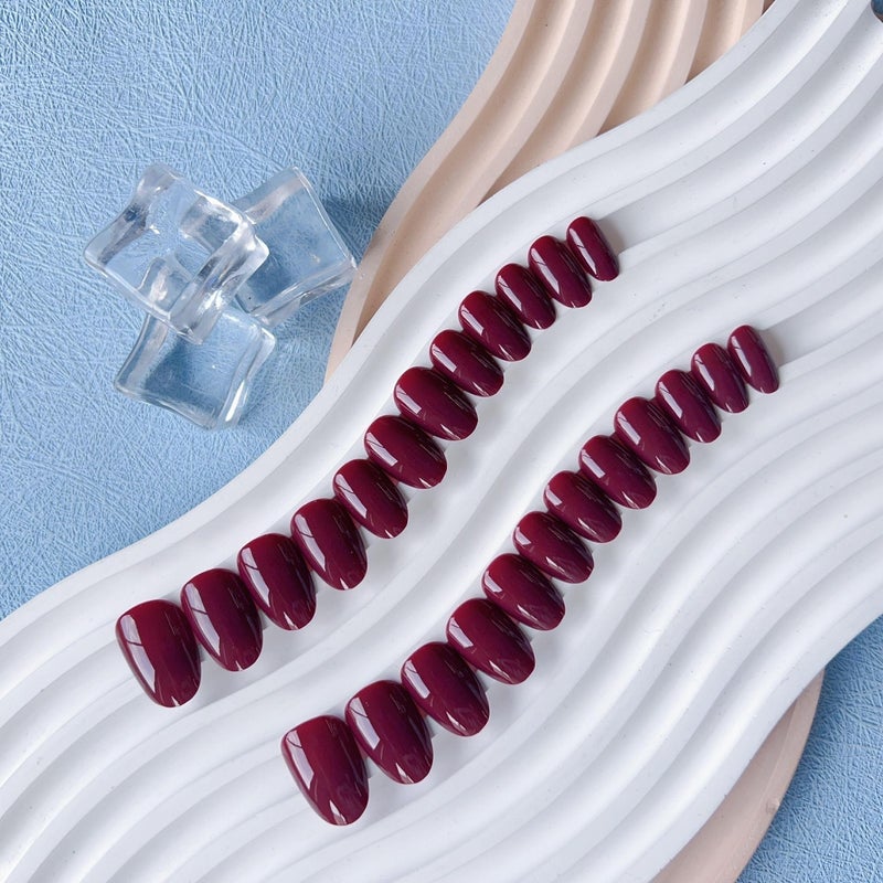 XCREANDO Burgundy Wine Red Press on Nails Short Almond Fake Nails Press ons, Solid Color Glue on Nails Short False Nails, Medium Almond Nails Round Glue on Nails for Women, 24 Pcs - Image 4