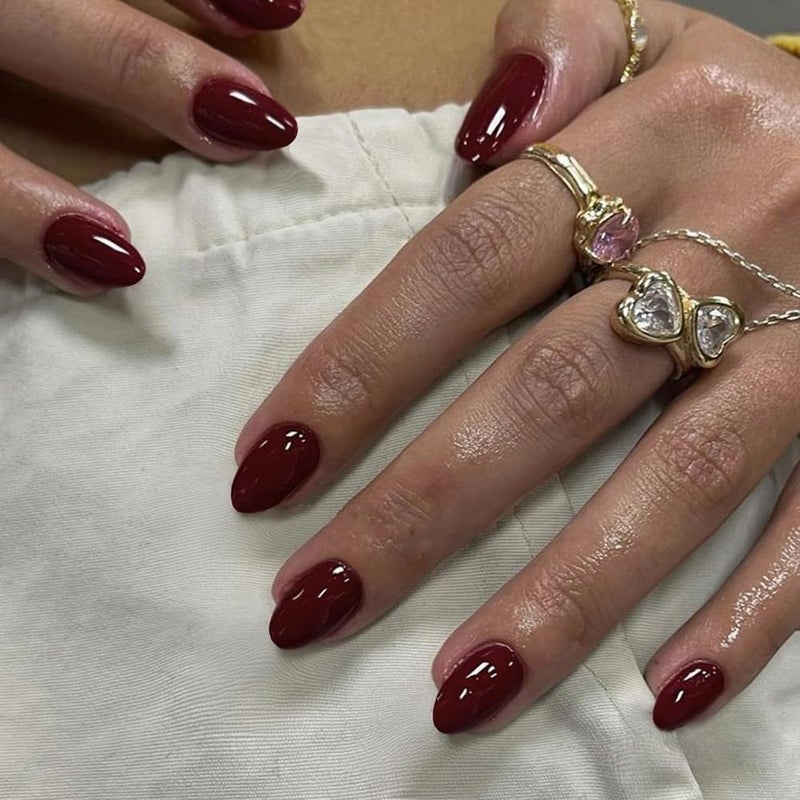 XCREANDO Burgundy Wine Red Press on Nails Short Almond Fake Nails Press ons, Solid Color Glue on Nails Short False Nails, Medium Almond Nails Round Glue on Nails for Women, 24 Pcs - Image 2