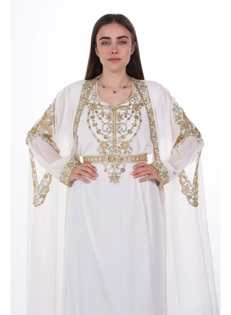 AL BENT AL SHARQIEH white emboidered chiffon kaftan dress for Women | Best Price UAE