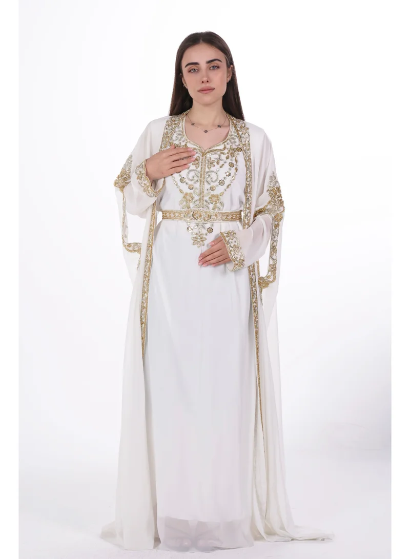 AL BENT AL SHARQIEH white emboidered chiffon kaftan dress for Women | Best Price UAE